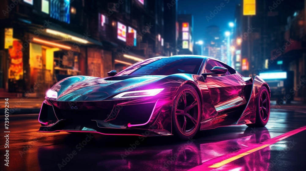 Sci-fi car adorned with fluorescent and neon colors in a futuristic cityscape.