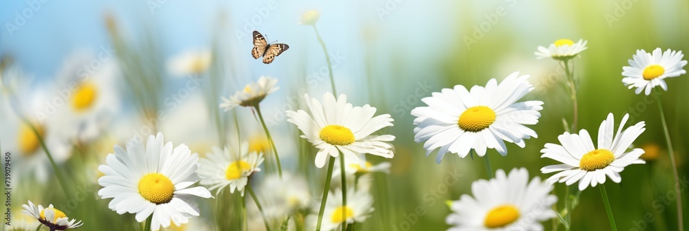 Obraz premium Summer meadow with blooming daisies and a butterfly.