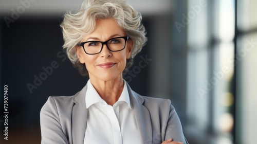 The CEO of the company, a smiling, confident mature middle-aged businesswoman, dressing in a stylish suit and glasses in the office of the company.