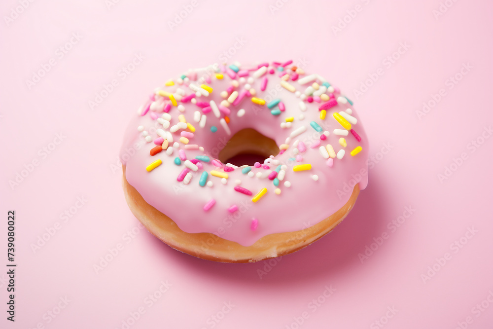 Vanilla Frosted Donut with Colorful Sprinkles on Pink Background. Sweet Treat and Dessert Concept Vanilla Frosted Donut with Colorful Sprinkles on Pink Background. Sweet Treat and Dessert Concept