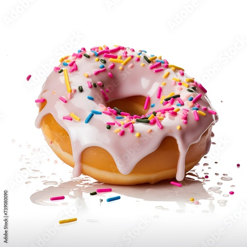 Sprinkled Donut on White Background: A delightful and colorful sweet treat featuring a delicious donut adorned with sprinkles, isolated on a white background © Yuwadee