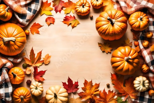 Autumn background with pumpkins, fall leaves and plaid cover in natural pastel colors. Seasonal holidays background with copy space