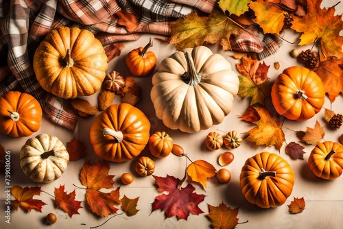 Autumn background with pumpkins, fall leaves and plaid cover in natural pastel colors. Seasonal holidays background with copy space