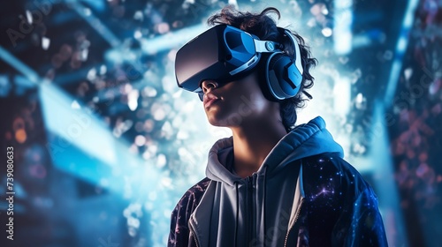 Teen boy wearing an augmented reality headset. photo