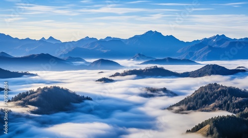 View from the top of the mountains with fog. © kept