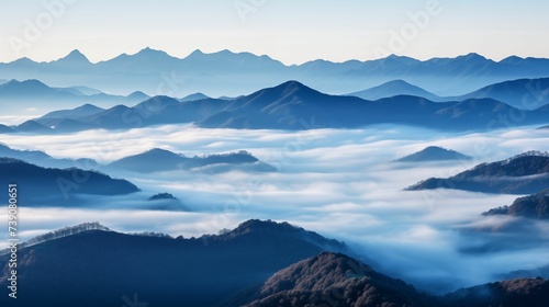 View from the top of the mountains with fog. © kept