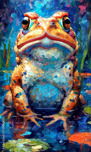 Original oil painting of a frog sitting in the water.