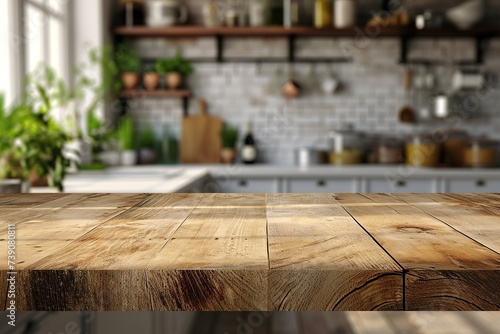 Natural wooden table top and blurred wall with kitchen shelf