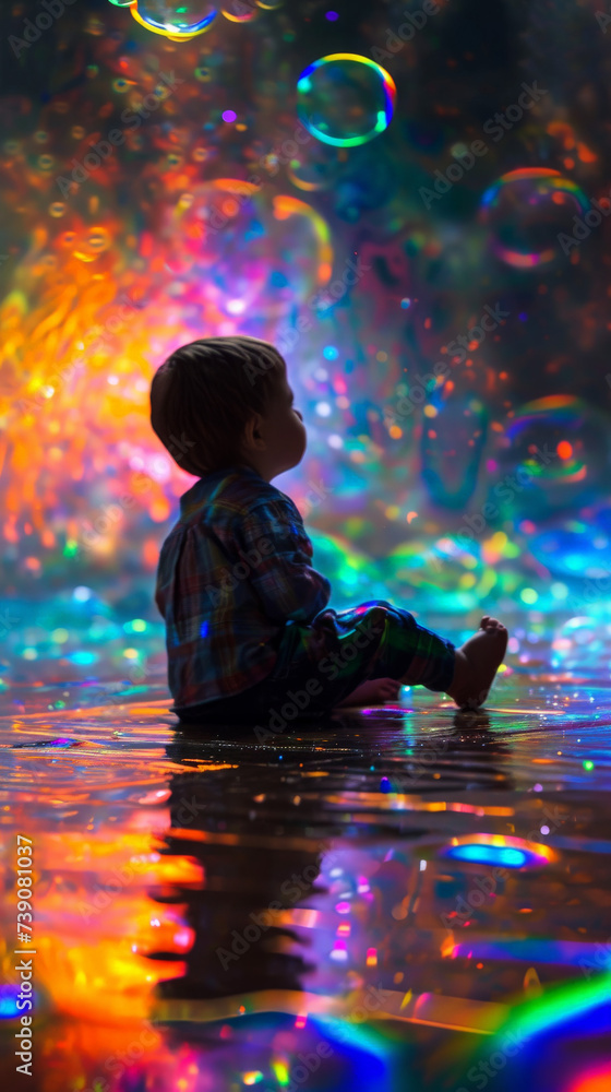 Dreamlike Fall: Boy Amidst Colorful Glowing Airflow
