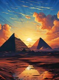 Pyramids of Giza bathed in the warm glow of a desert sunset, with a vivid sky above, Poster Cover Design