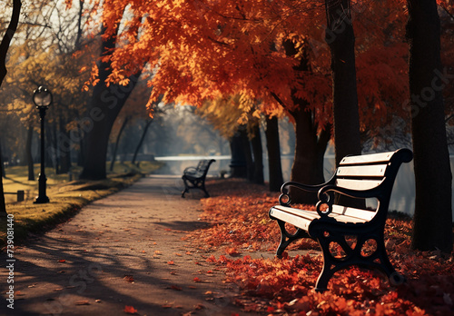 Colorful Autumn Vintage Bench In The Park