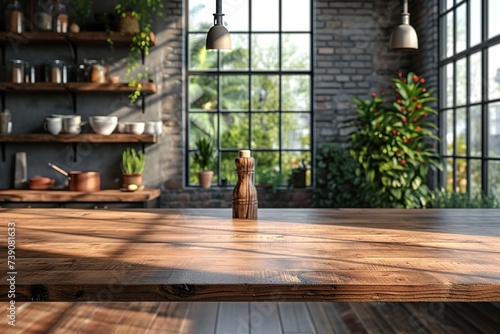 Table background of free space and kitchen interior