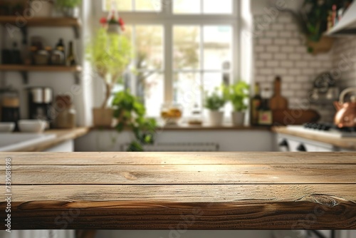 Table top and blurred kitchen room as background