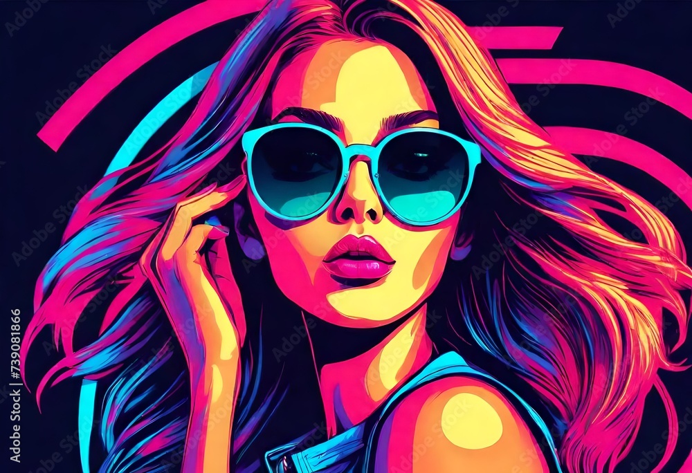 neon style fashion portrait of a model girl in sunglasses. Poster or flyer in trendy retro colors. Vector illustration
