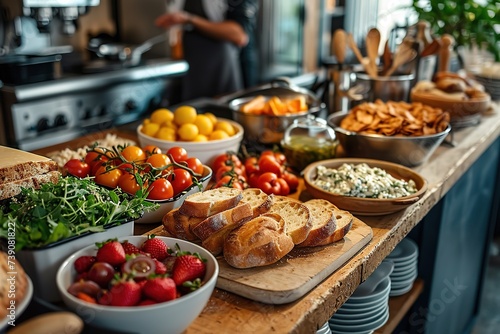 Tasty food on counter in kitchen