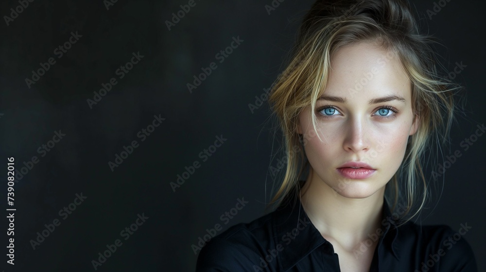 Young woman with blue eyes, wearing a stylish black shirt.