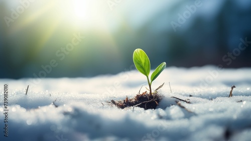 Young green sprout emerging from the snowy ground.