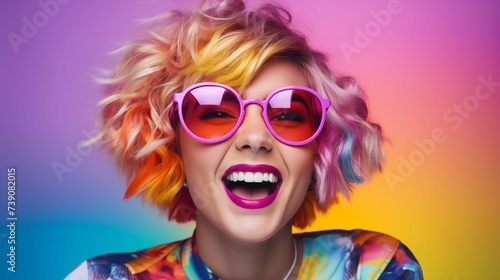 Young woman with a stylish bob haircut, with brightly colored glasses.
