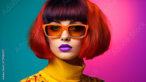 Young woman with a stylish bob haircut, with brightly colored glasses.