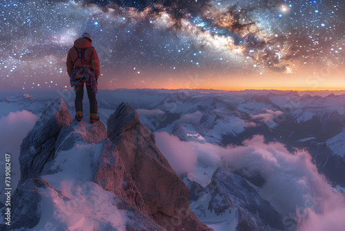 Milky Way landscape with elite mountaineering team above rocky mountains adventurous lifestyle Challenge human abilities for advertising