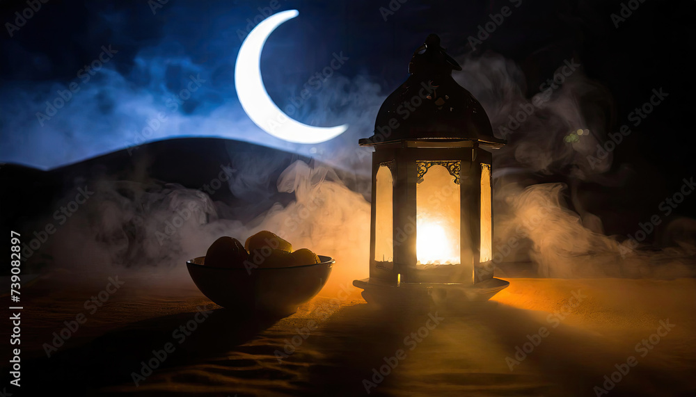 Fototapeta premium Traditional Ramadan and Eid lantern lamp with crescent moon, dates and fruits in a bowl on carpet, Generated AI