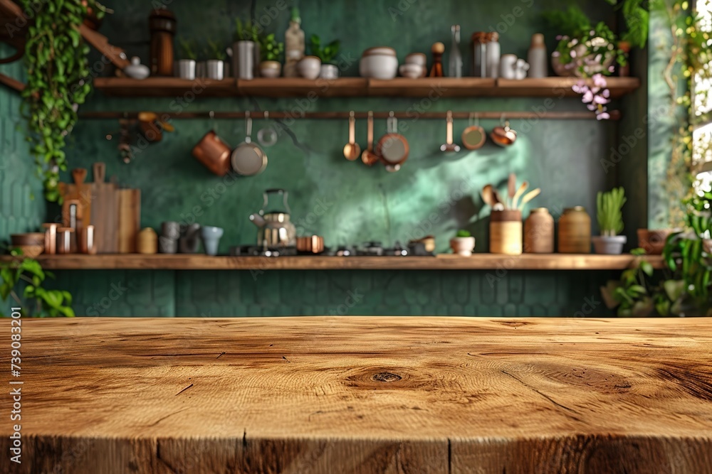 Wooden kitchen counter island for montage over blurred vintage green kitchen interior background.