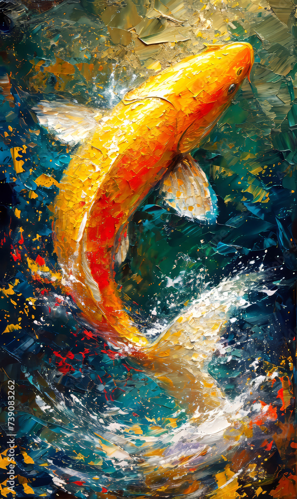 Koi fish oil color painting on canvas. Beautiful goldfish in the pond.