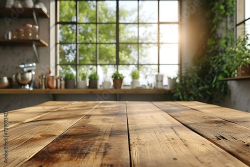 Wooden table top on defocused kitchen room and window background