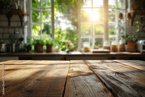 Wooden table top on defocused kitchen room and window background