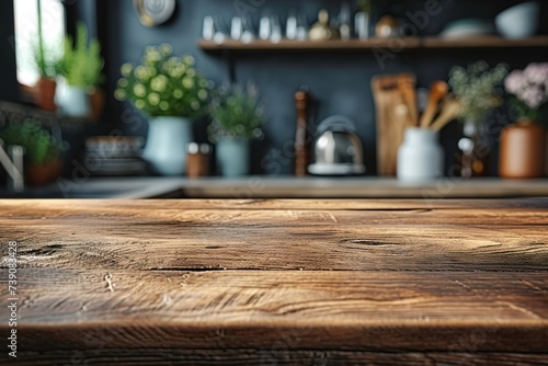 Wooden table background of free space for your decoration and blurred background of kitchen. Copy space.Dark mood interior. Kitchen furniture.