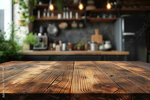 Wood tabletop on blur kitchen counter background for product display