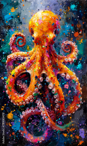 Colorful oil color painting of an orange octopus on a colorful background.