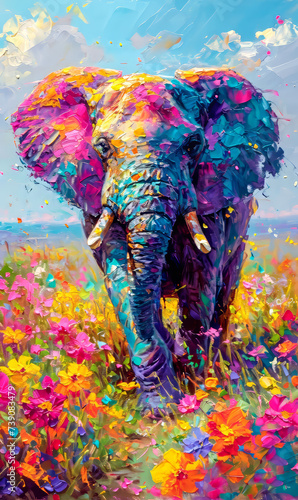 Oil painting of an elephant in the meadow with colorful flowers. © Narin