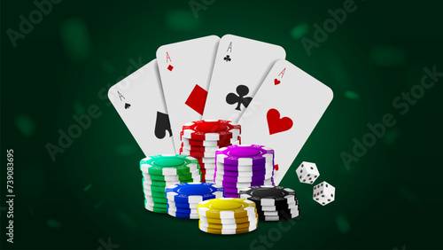 White classic poker cards with colorful chips and dice on a green background. A concept for a casino.