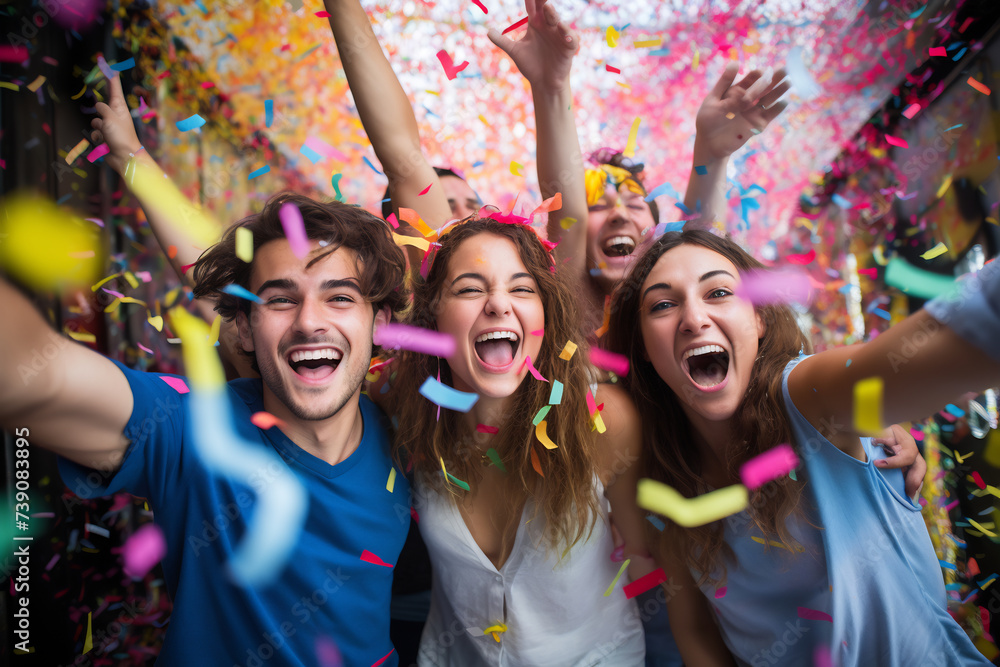 Happy group of young people having fun together celebrating with confetti at outdoors party