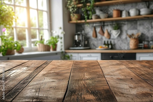 Wood table top on blur kitchen room background .For montage product display or design key visual