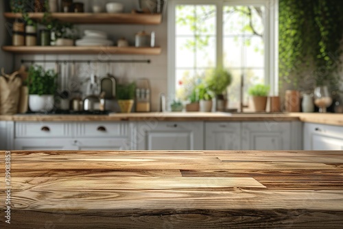 Wood table top on blur kitchen room background .For montage product display or key visual layout.