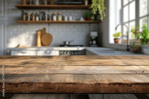 Wood table top on blur kitchen room background