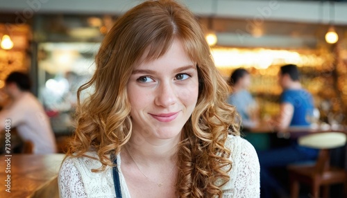 Young ginger woman in red dress sitting in the restaurant
