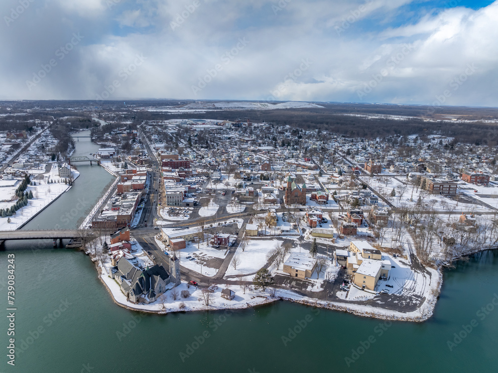 Winter aerial Image of the Seneca Falls, NY on a cloudy afternoon.