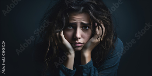 Stop sexual harassment and violence against women rape and sexual abuse concept Woman appears to be in pain dealing with anxiety International Women's Day Woman Worried Expression For Mental Health. photo