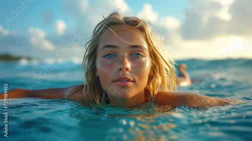 Serene Ocean Float: 13-Year-Old Girl and Surfboard on Sunny Day  © Creative Valley