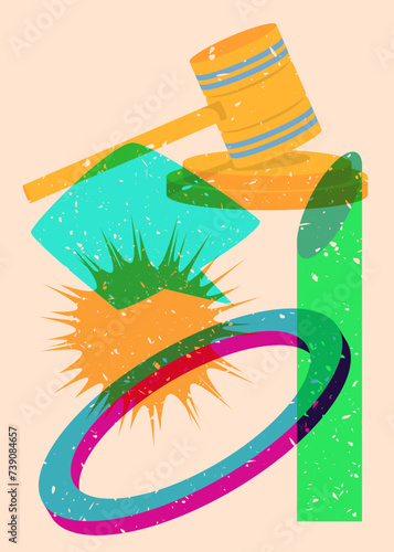 Risograph Gavel with speech bubble with geometric shapes. Objects in trendy riso graph print texture style design with geometry elements.