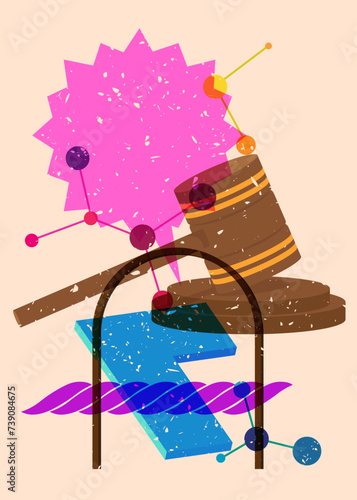 Risograph Gavel with speech bubble with geometric shapes. Objects in trendy riso graph print texture style design with geometry elements.
