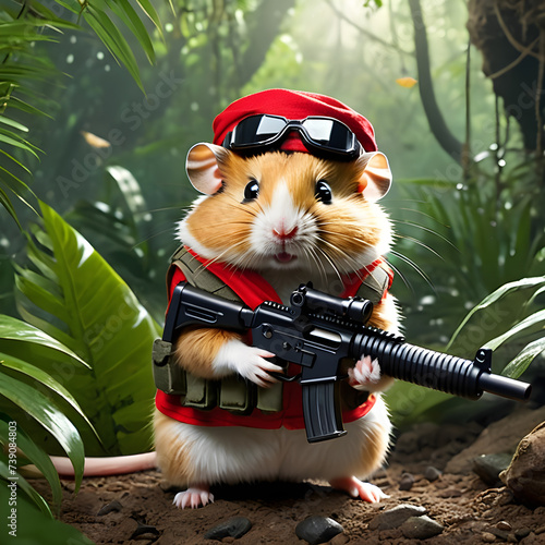 I couldn't believe my eyes when I stumbled upon a sight in the jungle that I never thought I'd see. There was a tiny hamster, dressed up as a guerrilla fighter with a red bandana tied around his head, photo