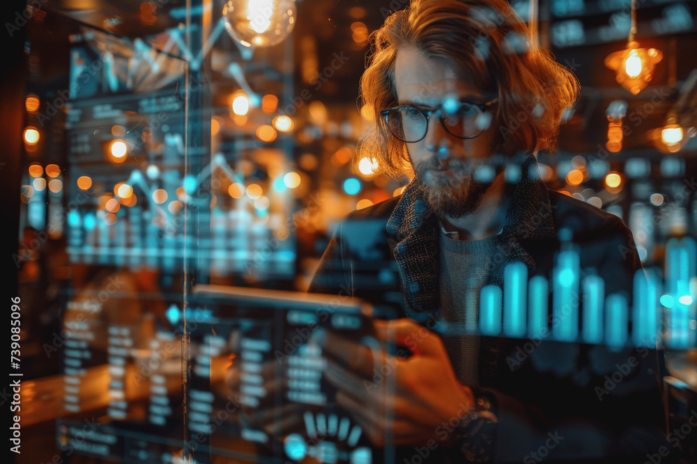 Young entrepreneur analyzing digital financial charts on a tablet, coffee shop setting. AI Generated Young entrepreneur analyzing digital financial charts on a tablet, coffee shop setting. AI Generated