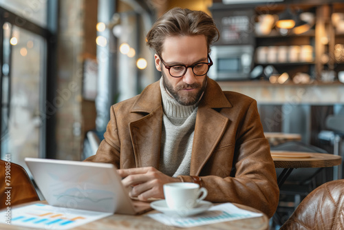 Young entrepreneur analyzing digital financial charts on a tablet, coffee shop setting. AI Generated