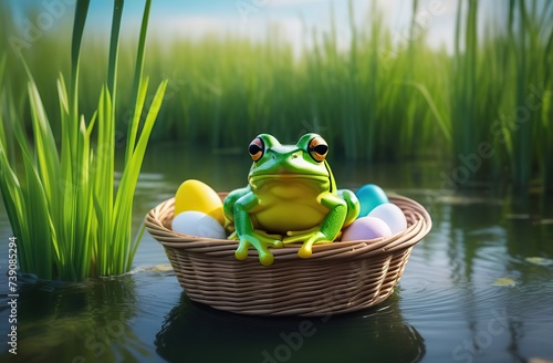 Portrait of happy frog rejoice with spring. Nearby is a basket with Easter eggs and delicate flowers. Easter concept. photo