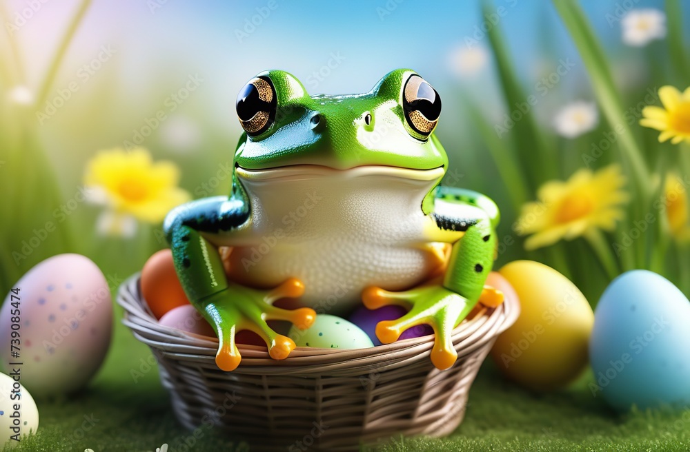 Portrait of happy frog rejoice with spring. Nearby is a basket with Easter eggs and delicate flowers. Easter concept.