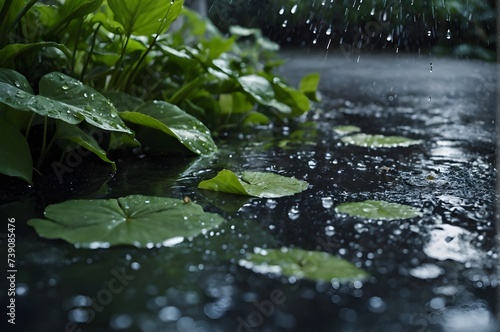 A Rainy Day in the Garden: Capturing the Serenity of Nature Through Wet Leaves and Glistening Pathways, generative AI